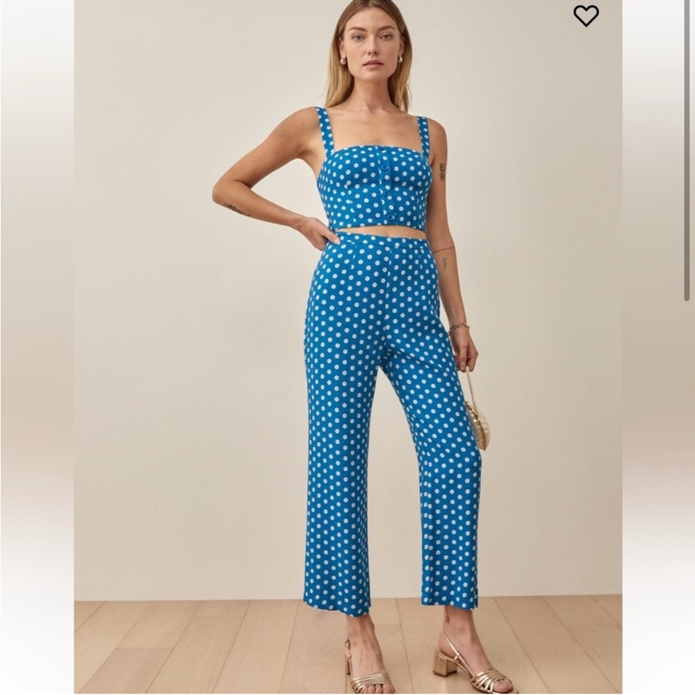 Reformation River Floral Two Piece Crop Top Pant Set Blue White Size 12